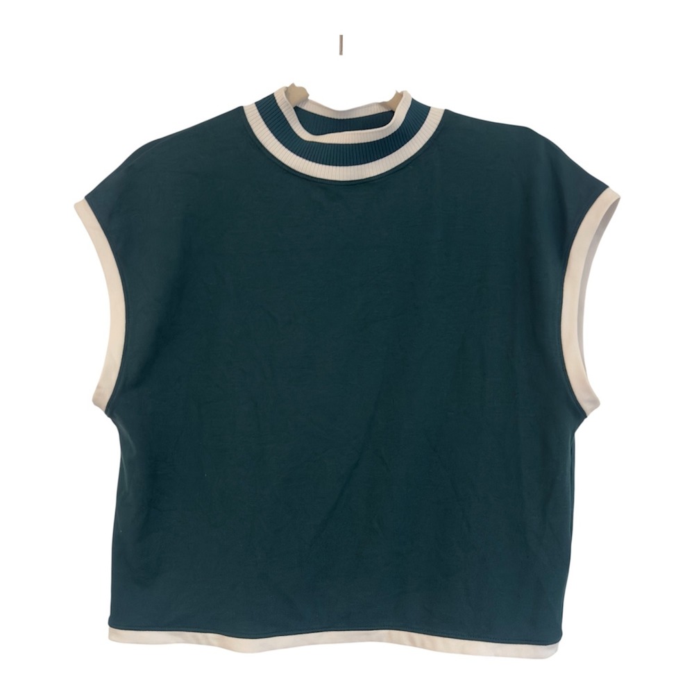 Calia Rib Mock Crop Tank Sea Green White Trim Womens Medium WAX15123 NEW